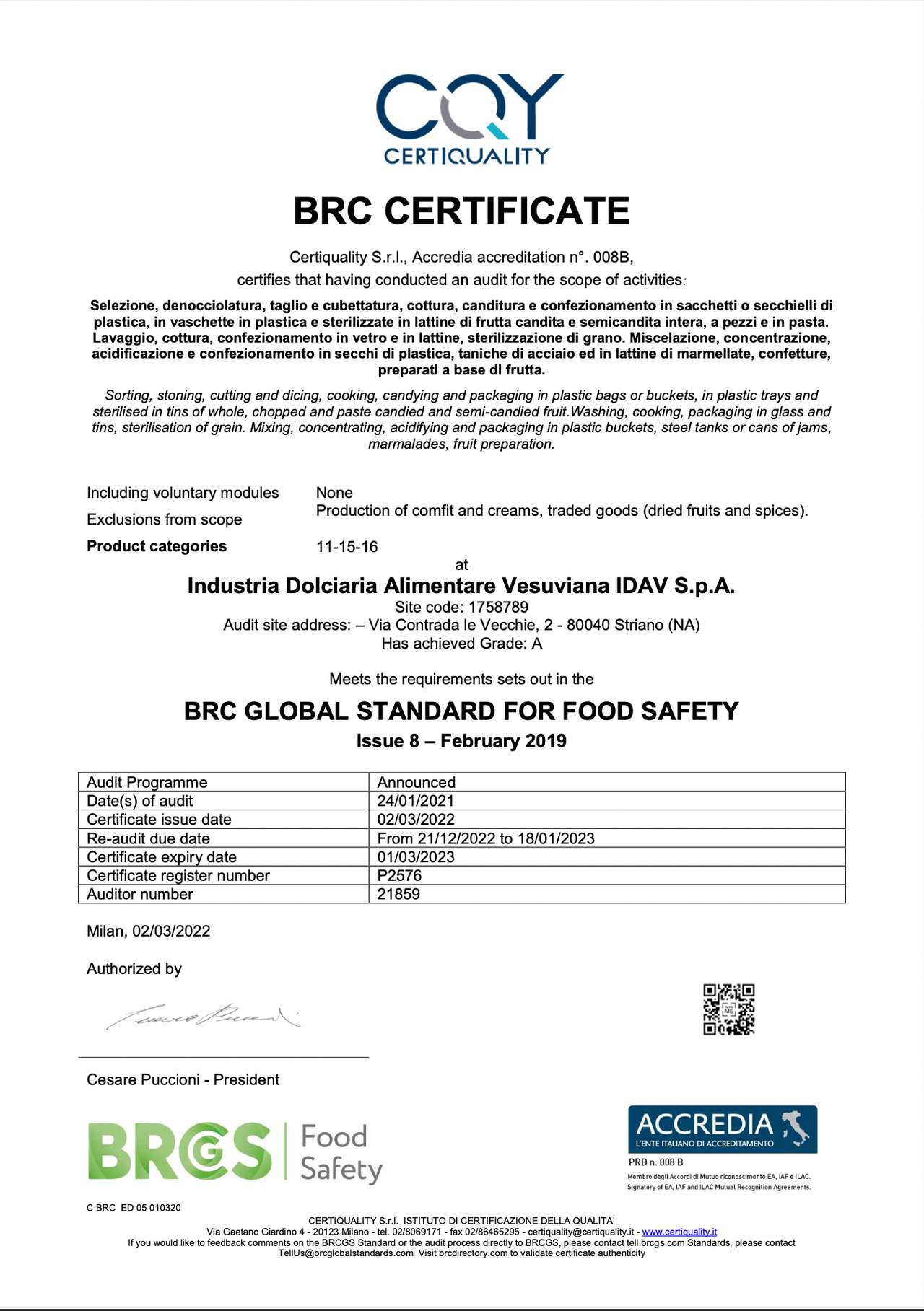 Certificazioni Ambrosio IDAV SpA